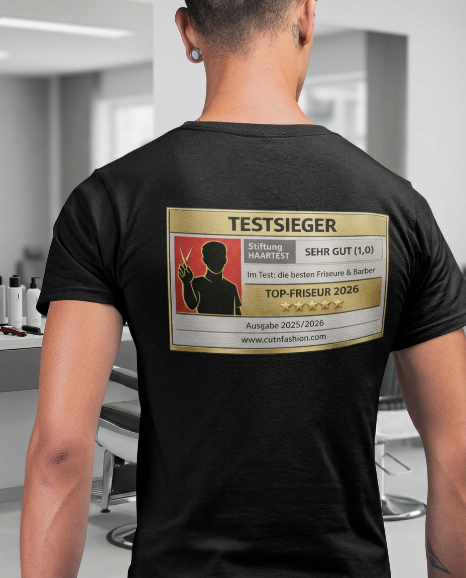 TESTSIEGER FRISEUR 2026 MANN Unisex T-Shirt Backprint